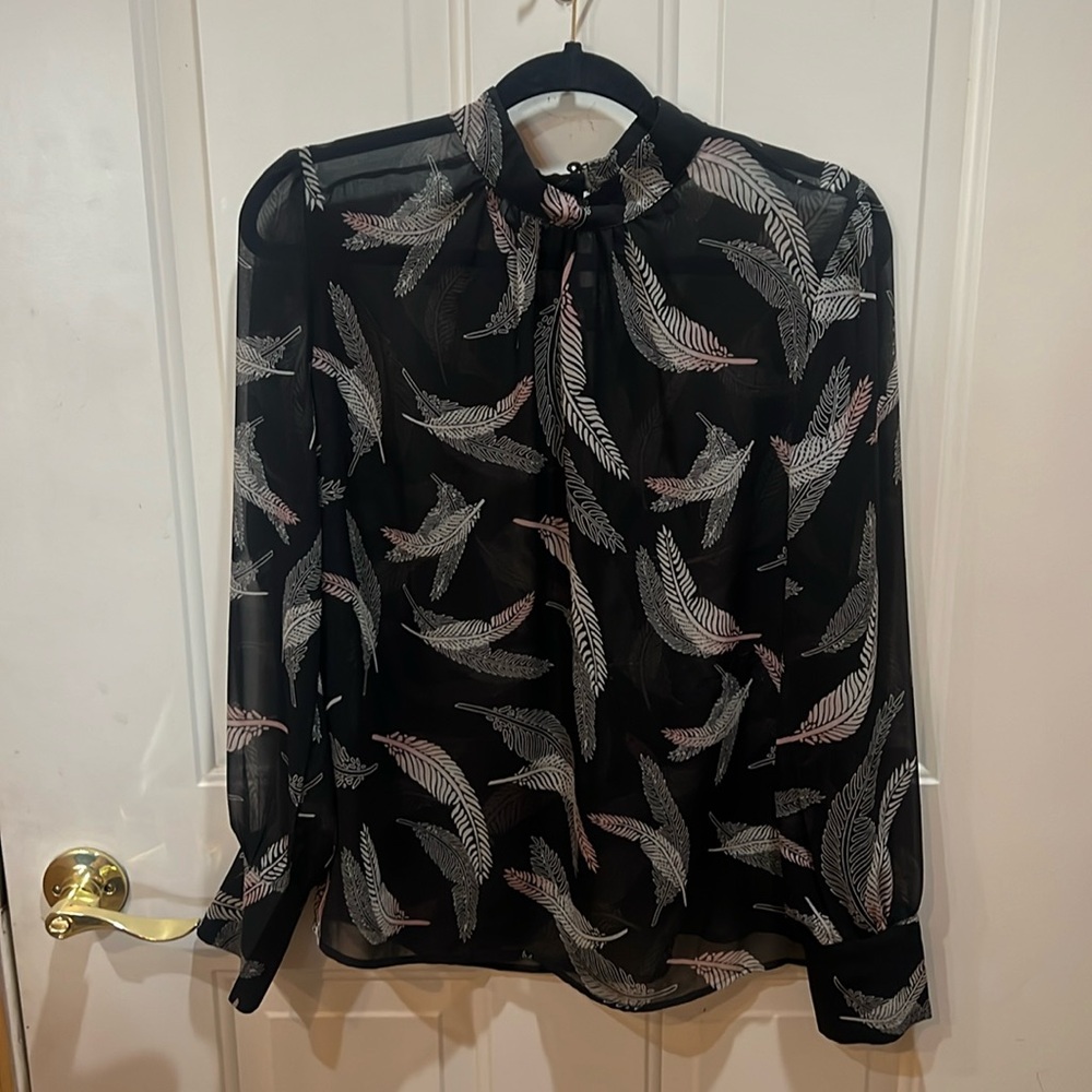 Black sheer blouse with feathers